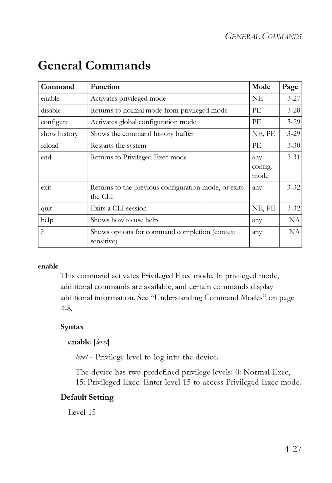 SMC Networks SMC8612XL3 F 1.0.1.3 manual General Commands, Syntax Enable level, Level 