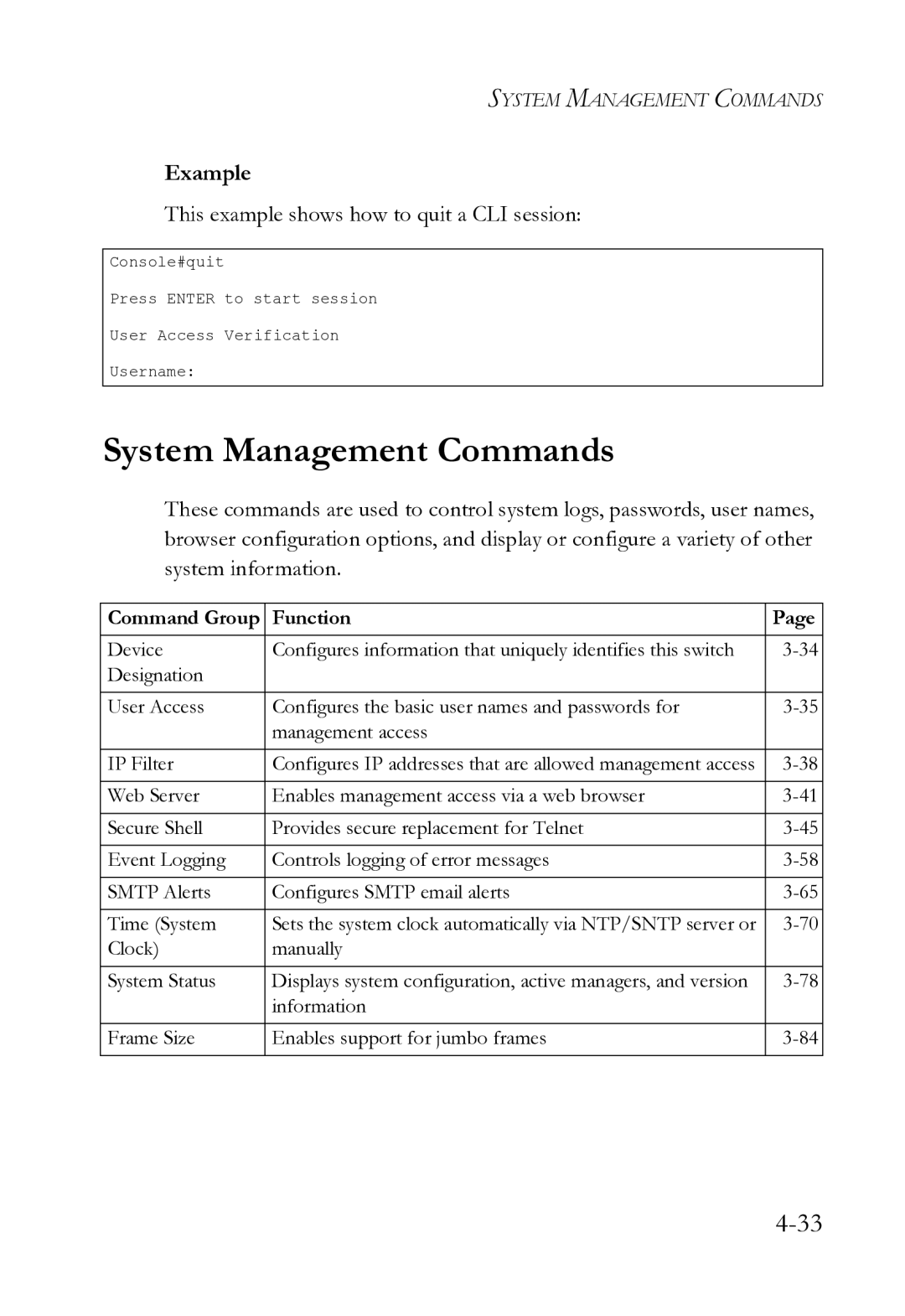 SMC Networks SMC8612XL3 F 1.0.1.3 manual System Management Commands, This example shows how to quit a CLI session 