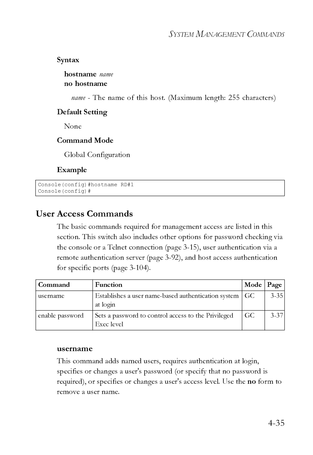 SMC Networks SMC8612XL3 F 1.0.1.3 manual User Access Commands, Username, Syntax Hostname name no hostname 