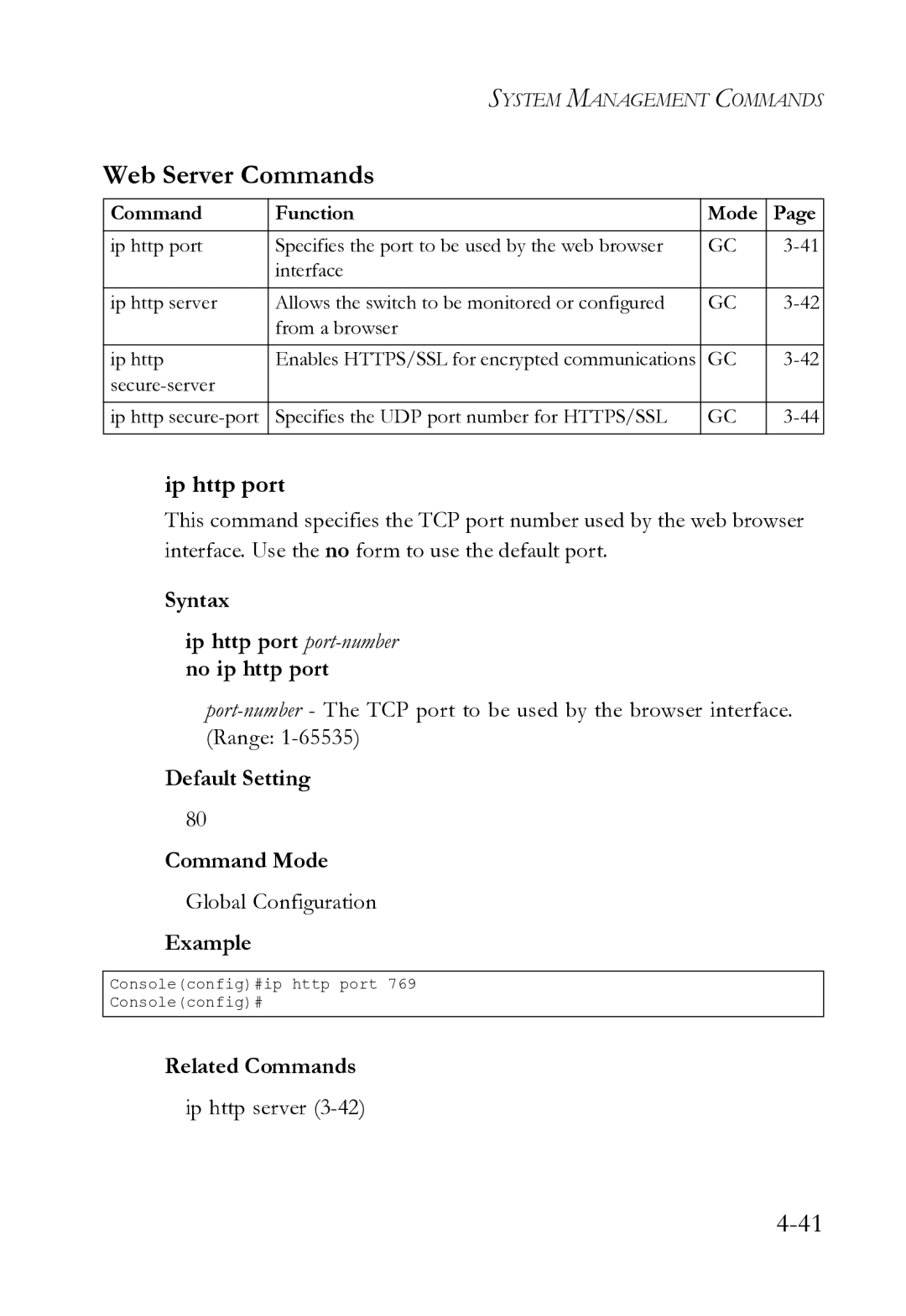 SMC Networks SMC8612XL3 F 1.0.1.3 Web Server Commands, Syntax Ip http port port-numberno ip http port, Ip http server 