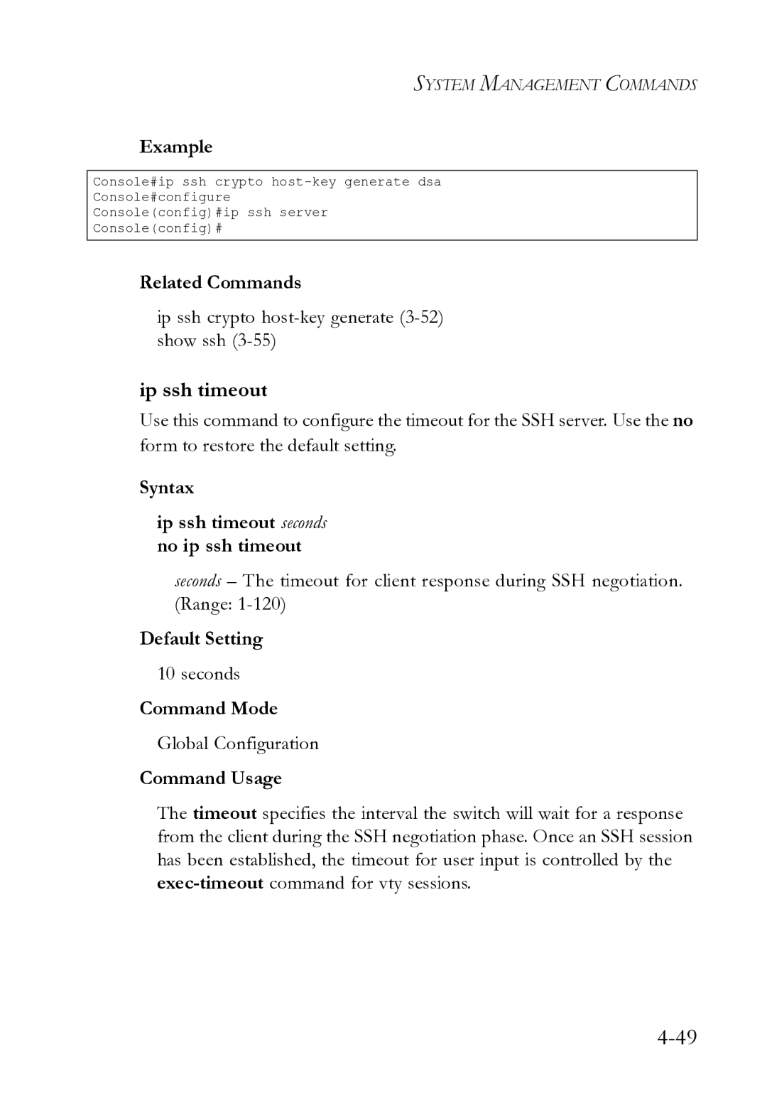 SMC Networks SMC8612XL3 F 1.0.1.3 manual Ip ssh timeout, Ip ssh crypto host-key generate 3-52 show ssh, Seconds 