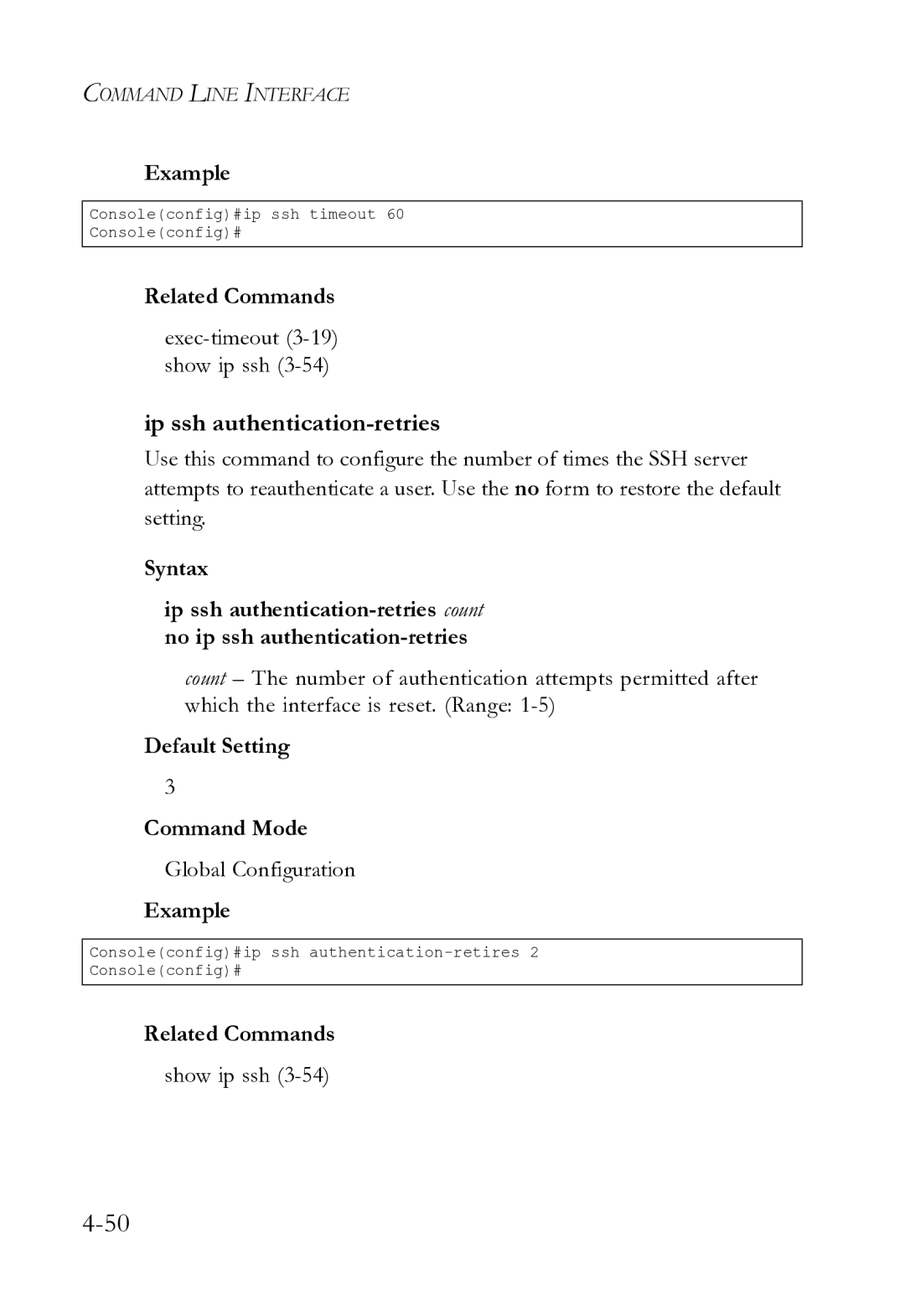 SMC Networks SMC8612XL3 F 1.0.1.3 manual Ip ssh authentication-retries, Exec-timeout3-19 show ip ssh, Show ip ssh 