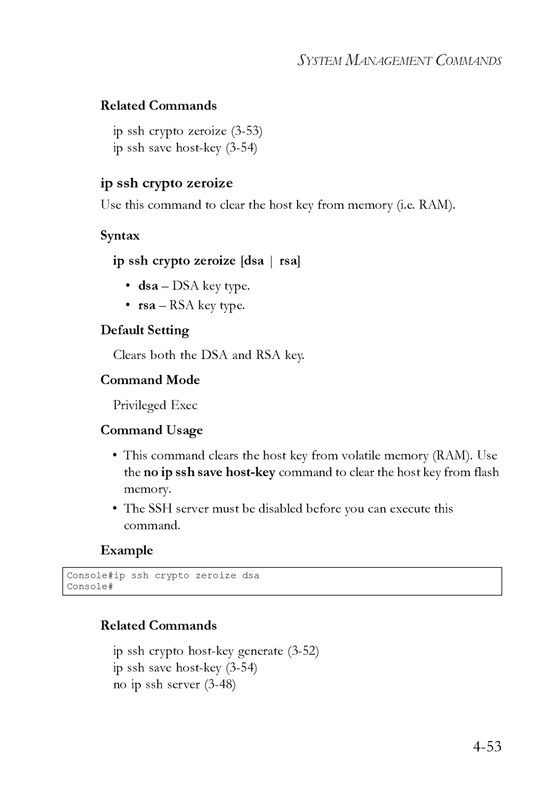 SMC Networks SMC8612XL3 F 1.0.1.3 Ip ssh crypto zeroize 3-53 ip ssh save host-key3-54, Clears both the DSA and RSA key 