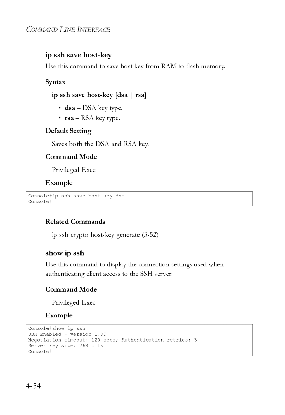 SMC Networks SMC8612XL3 F 1.0.1.3 manual Show ip ssh, Syntax Ip ssh save host-key dsa rsa 