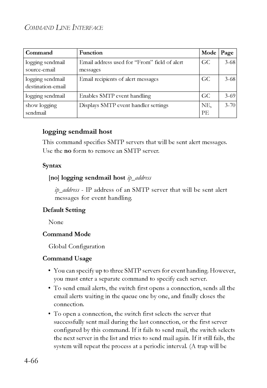 SMC Networks SMC8612XL3 F 1.0.1.3 manual Logging sendmail host, Syntax No logging sendmail host ipaddress 