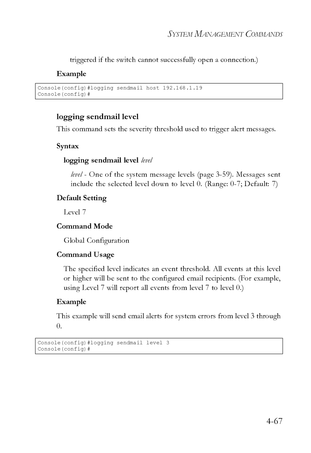 SMC Networks SMC8612XL3 F 1.0.1.3 manual Syntax Logging sendmail level level 