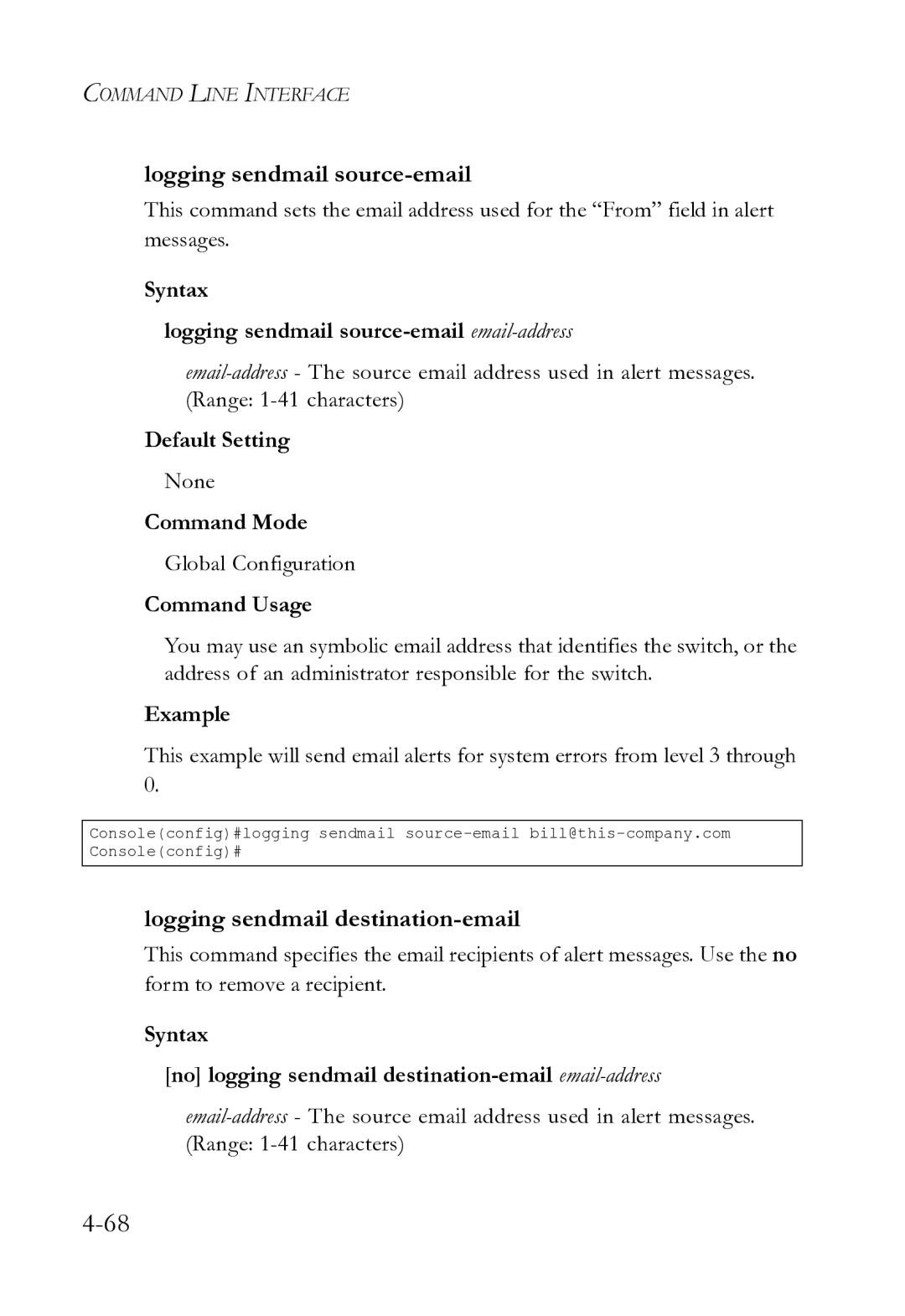 SMC Networks SMC8612XL3 F 1.0.1.3 manual Logging sendmail source-email, Logging sendmail destination-email 