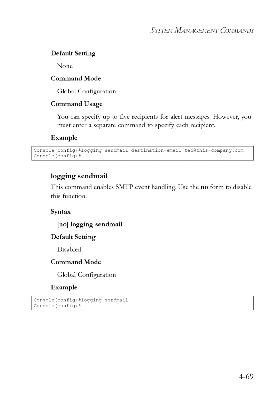 SMC Networks SMC8612XL3 F 1.0.1.3 manual Logging sendmail, Syntax No logging sendmail Default Setting 