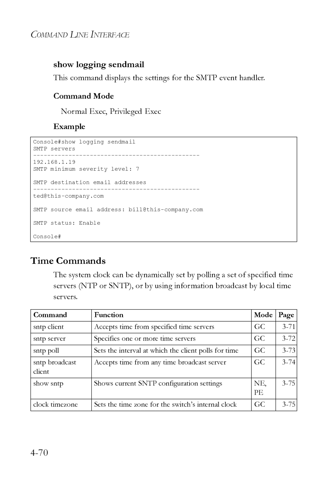 SMC Networks SMC8612XL3 F 1.0.1.3 manual Time Commands, Show logging sendmail 