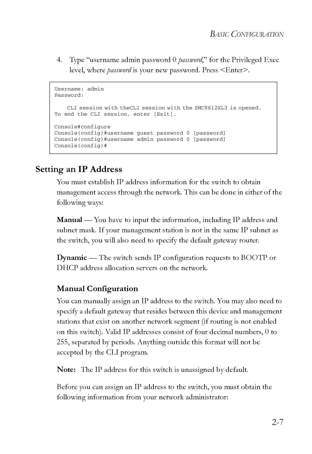 SMC Networks SMC8612XL3 F 1.0.1.3 manual Setting an IP Address, Manual Configuration 