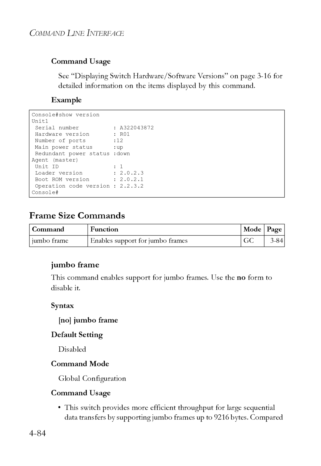 SMC Networks SMC8612XL3 F 1.0.1.3 manual Frame Size Commands, Jumbo frame, Syntax No jumbo frame Default Setting 