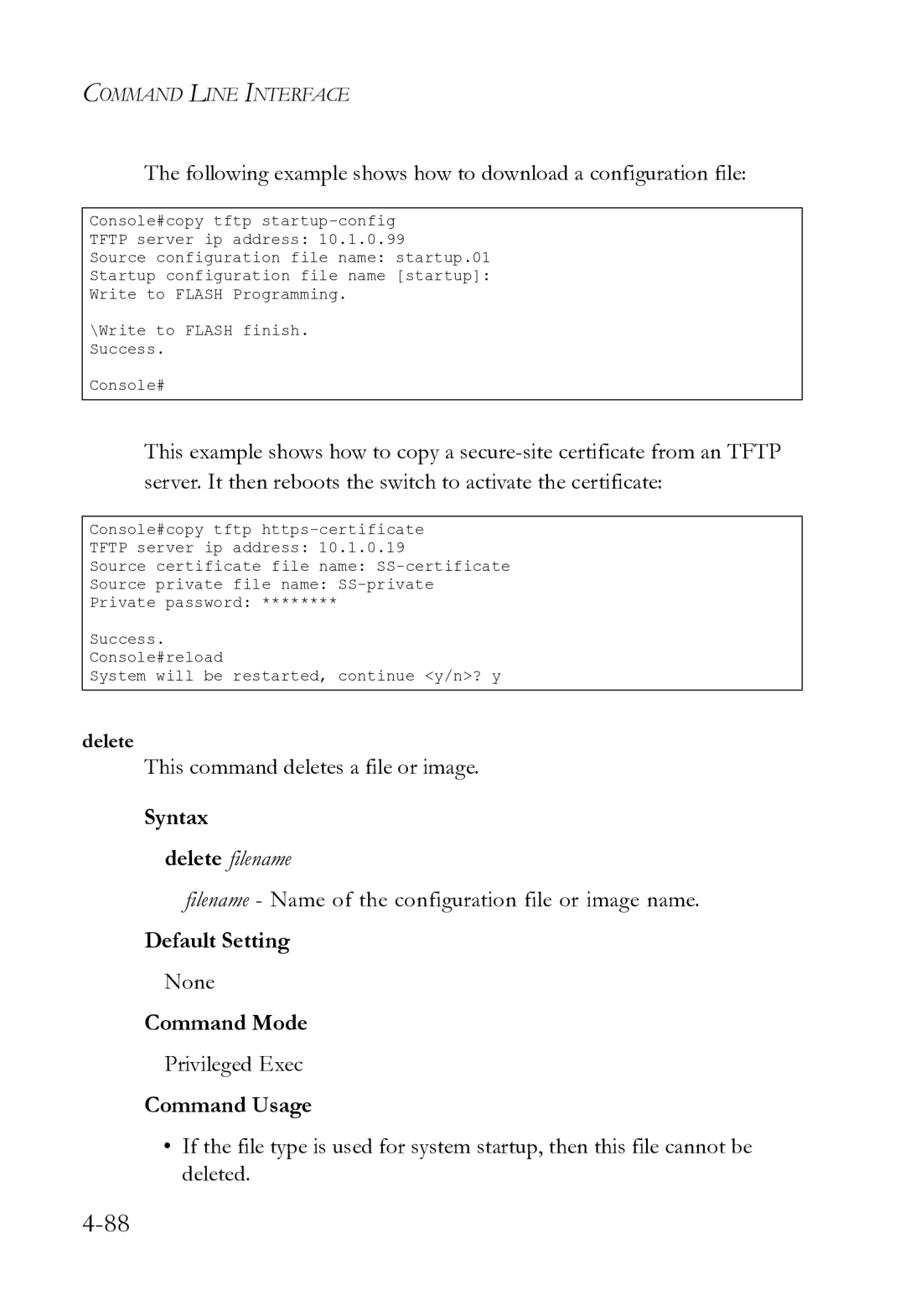 SMC Networks SMC8612XL3 F 1.0.1.3 manual This command deletes a file or image, Delete filename 