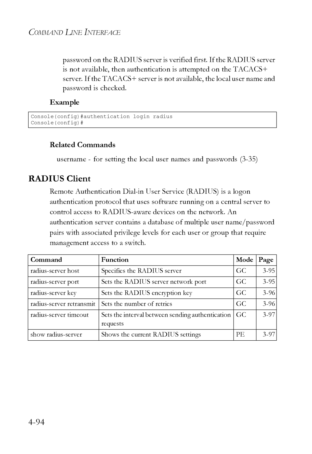 SMC Networks SMC8612XL3 F 1.0.1.3 manual Radius Client, Username for setting the local user names and passwords 