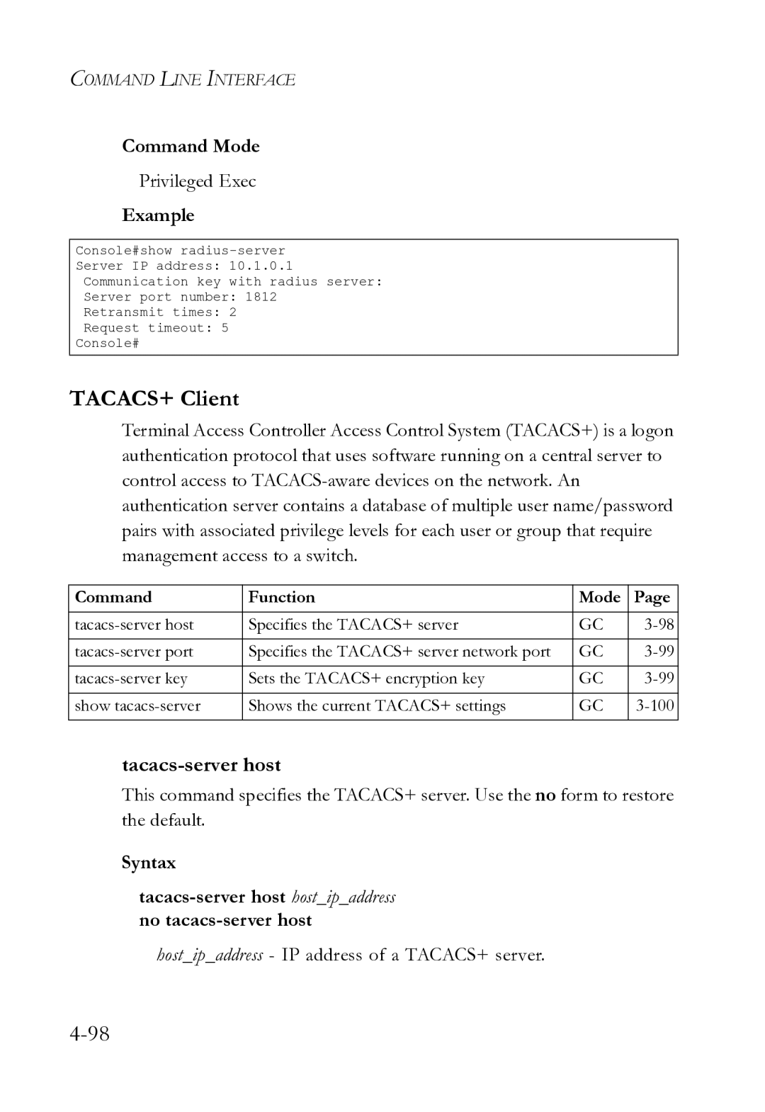 SMC Networks SMC8612XL3 F 1.0.1.3 manual TACACS+ Client, Tacacs-server host, Hostipaddress IP address of a TACACS+ server 