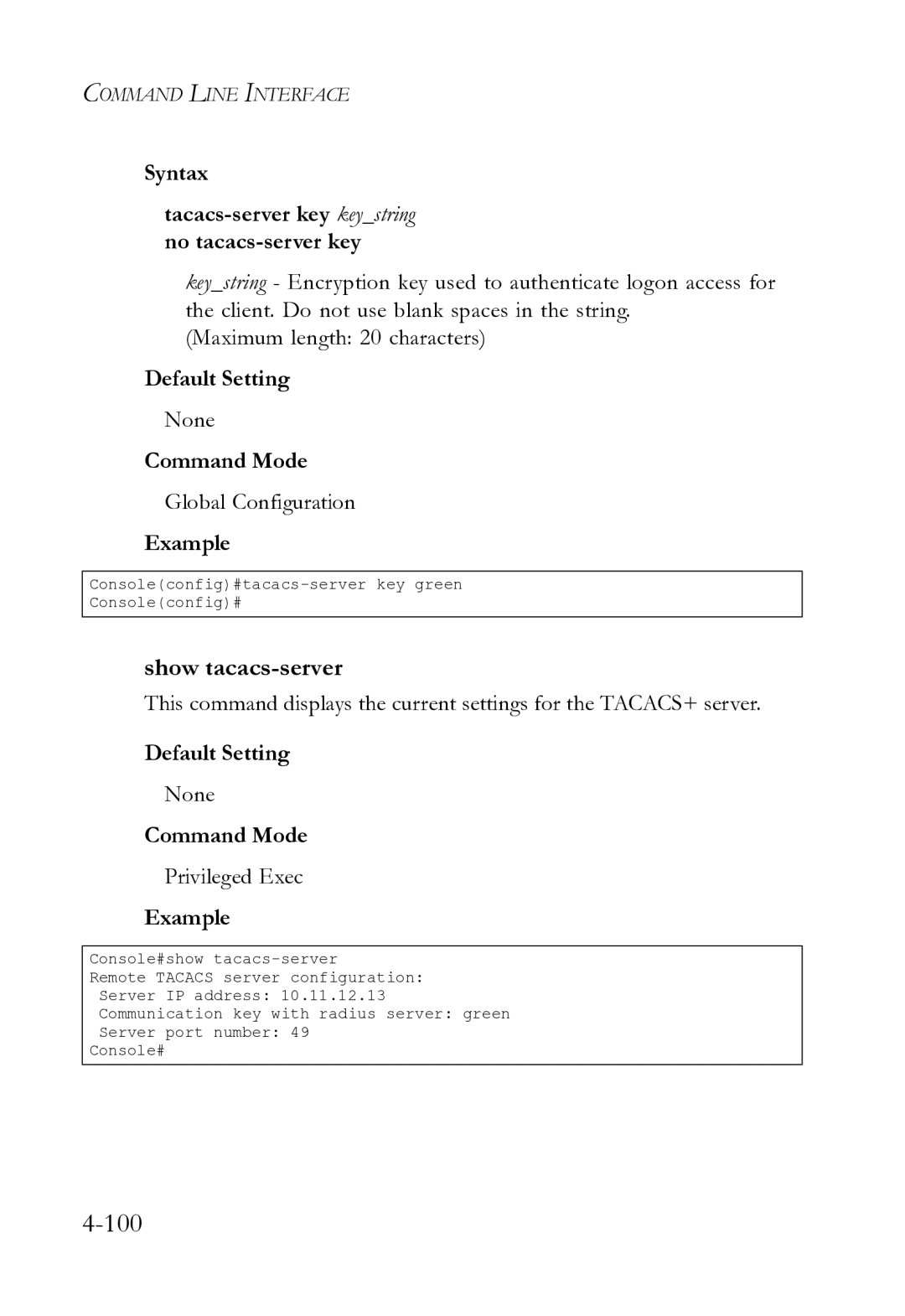 SMC Networks SMC8612XL3 F 1.0.1.3 manual Show tacacs-server, Syntax Tacacs-server key keystring no tacacs-server key 