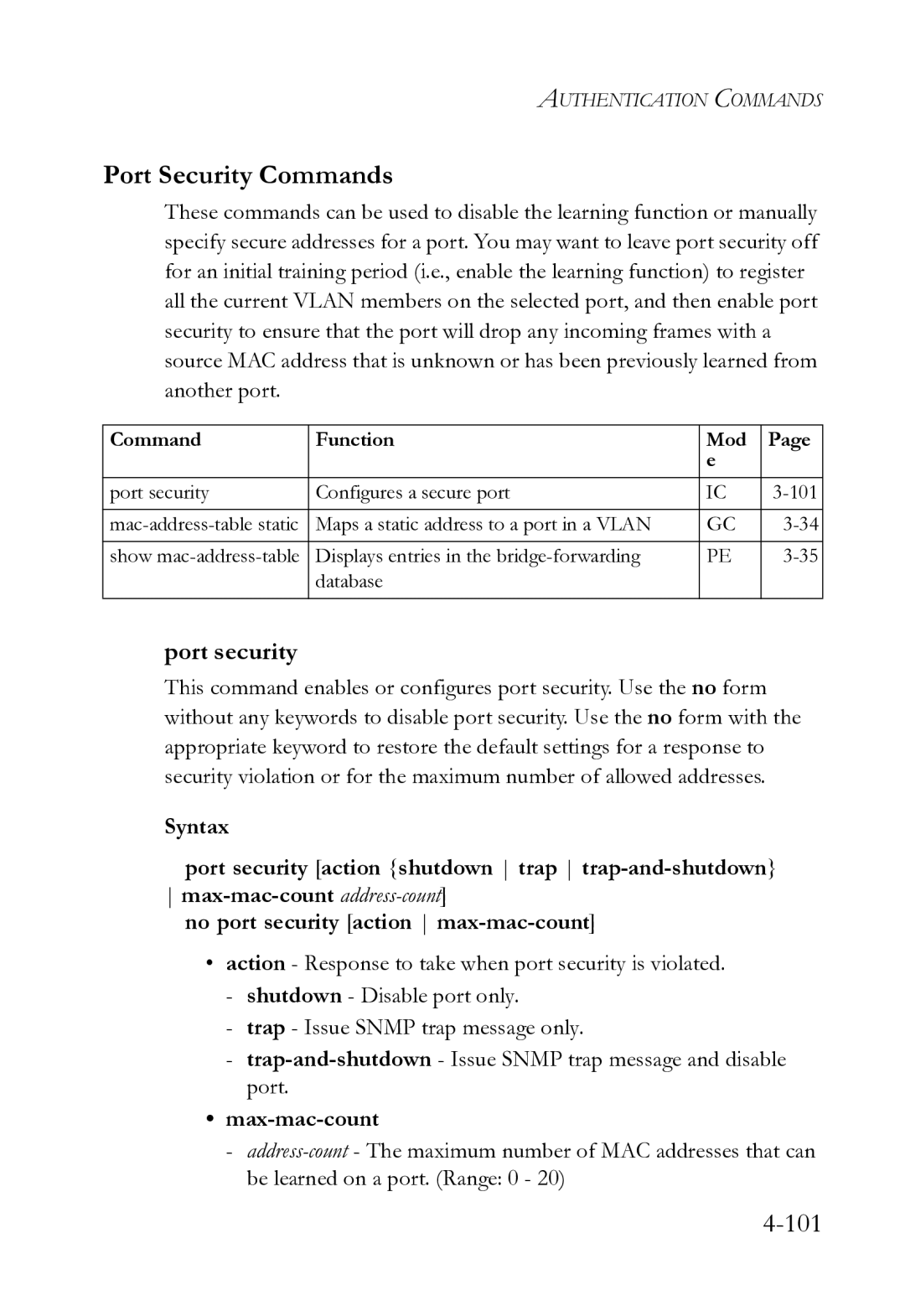 SMC Networks SMC8612XL3 F 1.0.1.3 manual Port Security Commands, Port security, Max-mac-count 