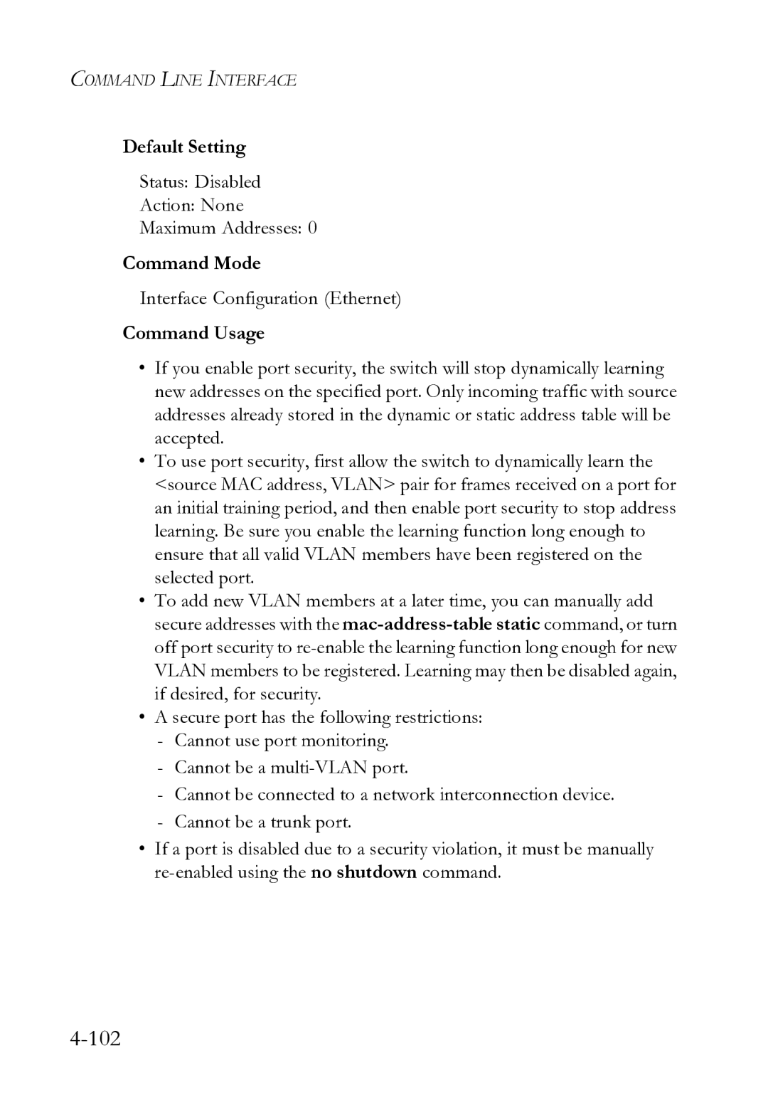 SMC Networks SMC8612XL3 F 1.0.1.3 manual Status Disabled Action None Maximum Addresses, Interface Configuration Ethernet 