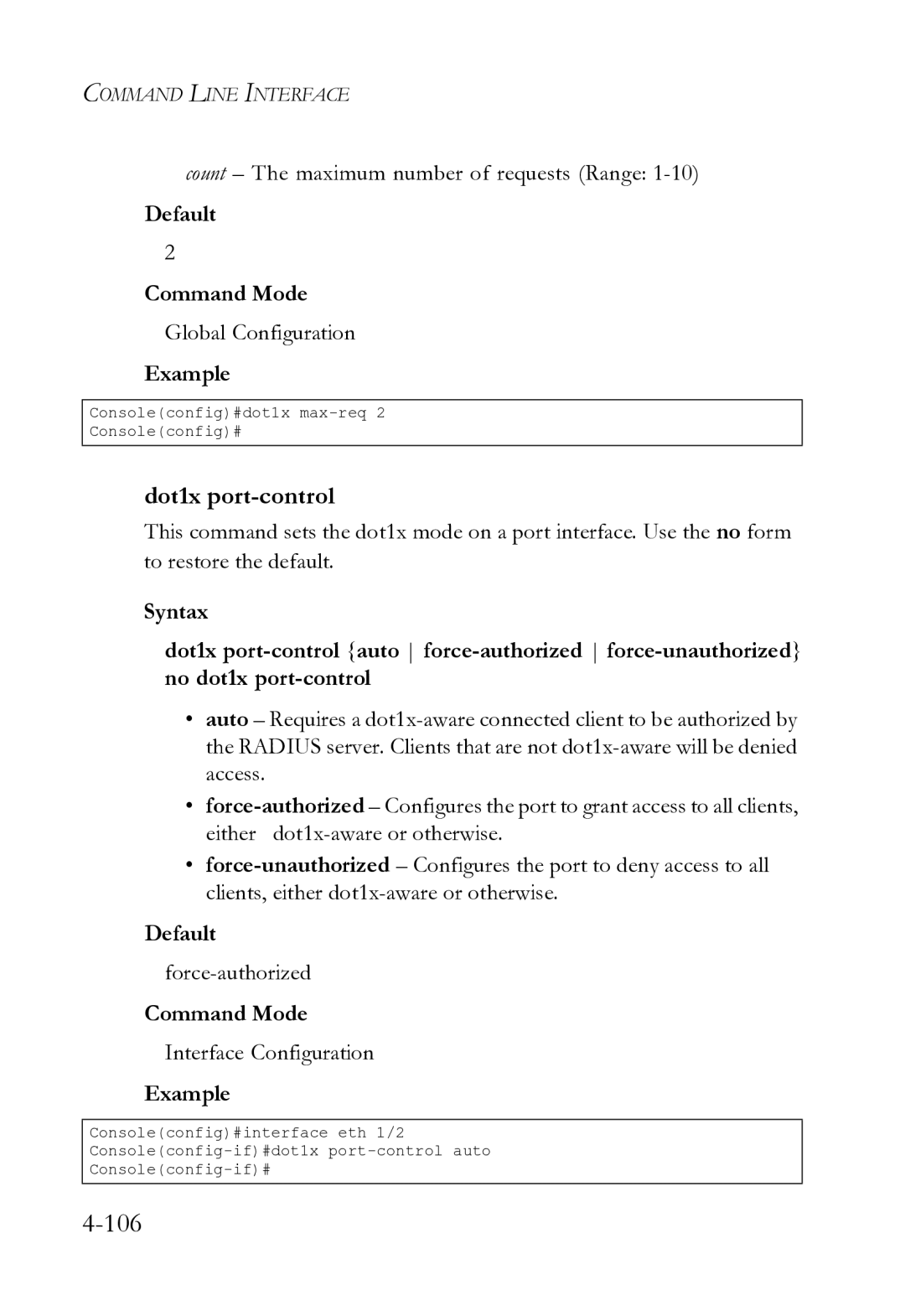 SMC Networks SMC8612XL3 F 1.0.1.3 manual Dot1x port-control, Default Command Mode 