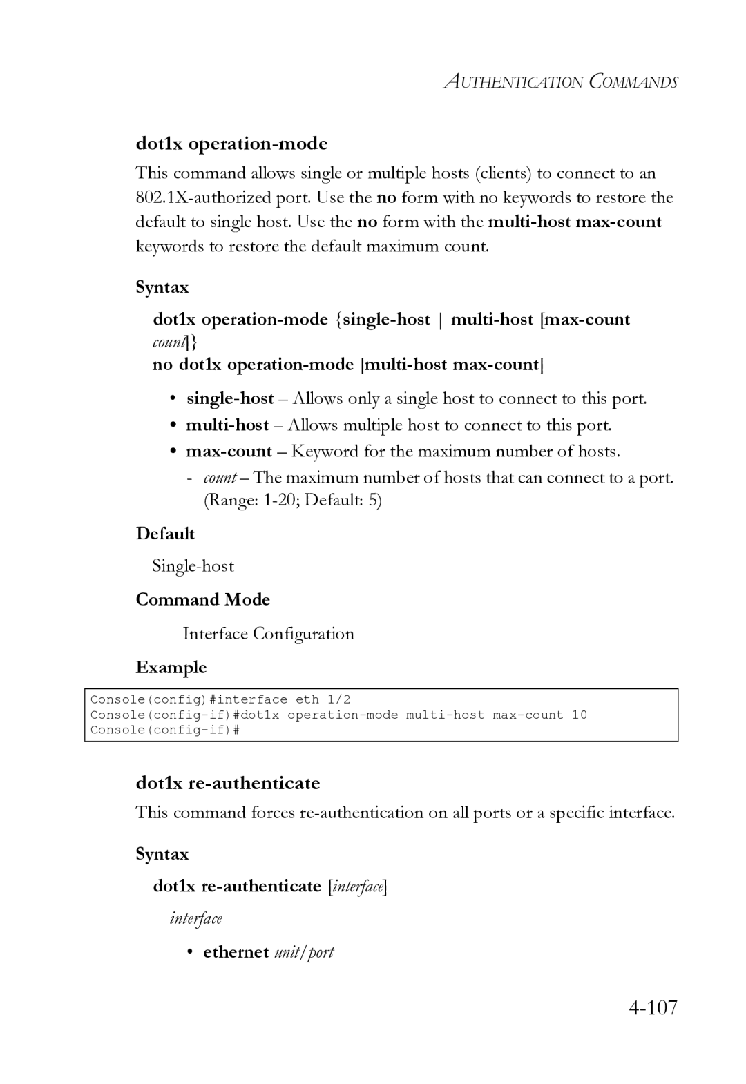 SMC Networks SMC8612XL3 F 1.0.1.3 manual Dot1x operation-mode, Syntax Dot1x re-authenticate interface, Interface 