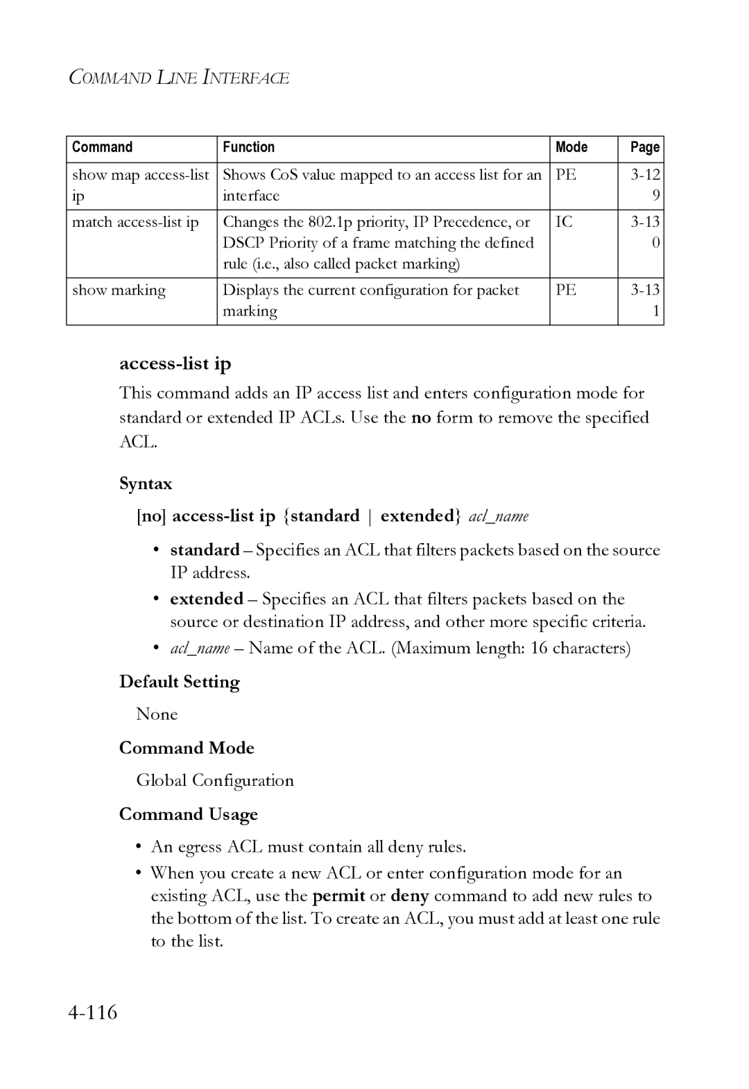 SMC Networks SMC8612XL3 F 1.0.1.3 manual Access-list ip, Syntax No access-list ip standard extended aclname 