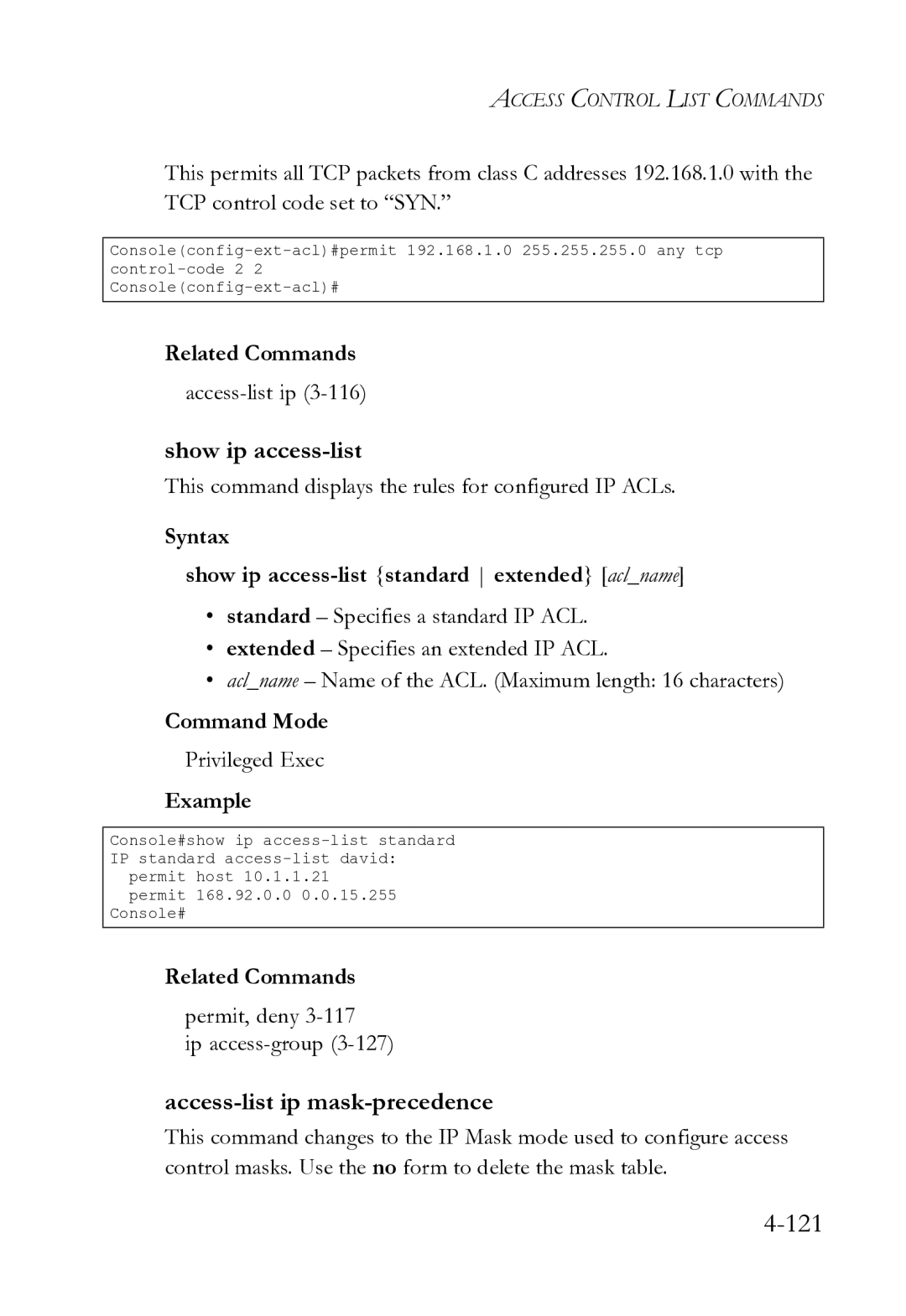 SMC Networks SMC8612XL3 F 1.0.1.3 Show ip access-list, Access-list ip mask-precedence, Permit, deny Ip access-group3-127 