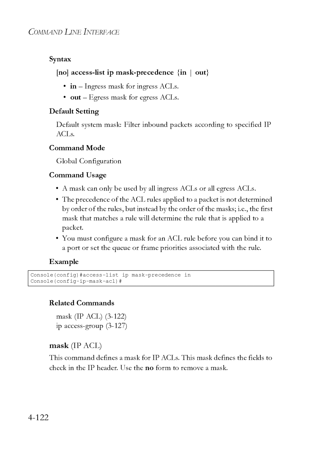 SMC Networks SMC8612XL3 F 1.0.1.3 Syntax No access-list ip mask-precedence in out, Mask IP ACL 3-122 ip access-group3-127 