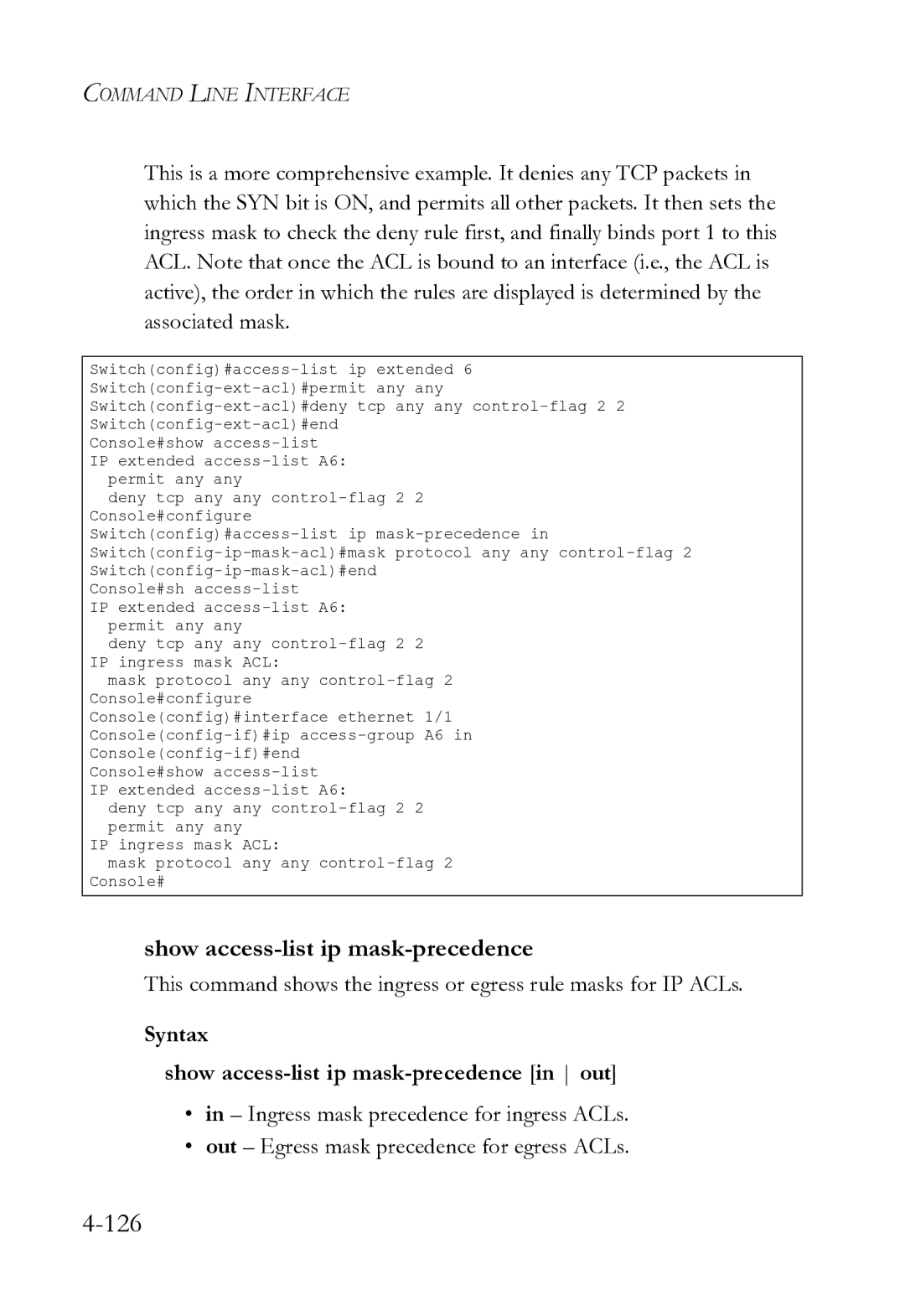 SMC Networks SMC8612XL3 F 1.0.1.3 manual Syntax Show access-list ip mask-precedence in out 