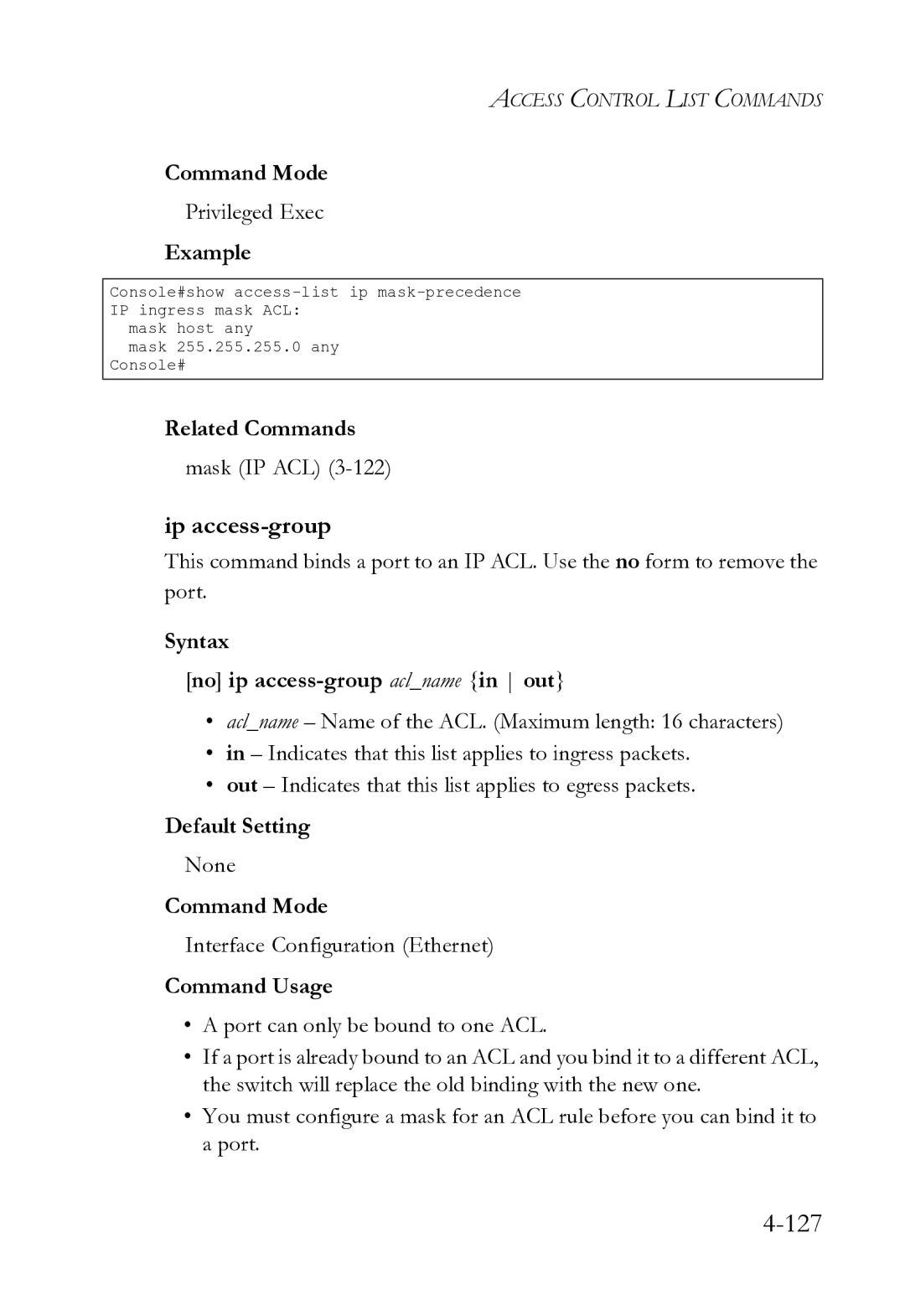 SMC Networks SMC8612XL3 F 1.0.1.3 manual Ip access-group, Mask IP ACL, Syntax No ip access-group aclname in out 