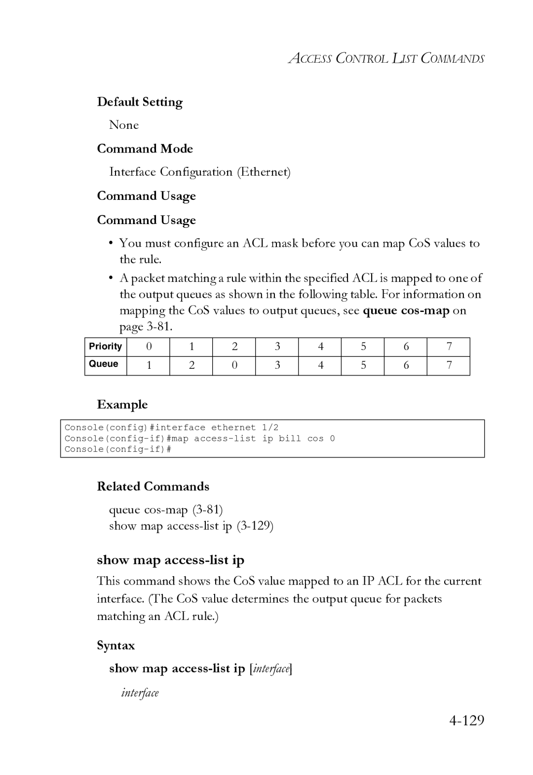 SMC Networks SMC8612XL3 F 1.0.1.3 Queue cos-map3-81 Show map access-list ip, Syntax Show map access-list ip interface 