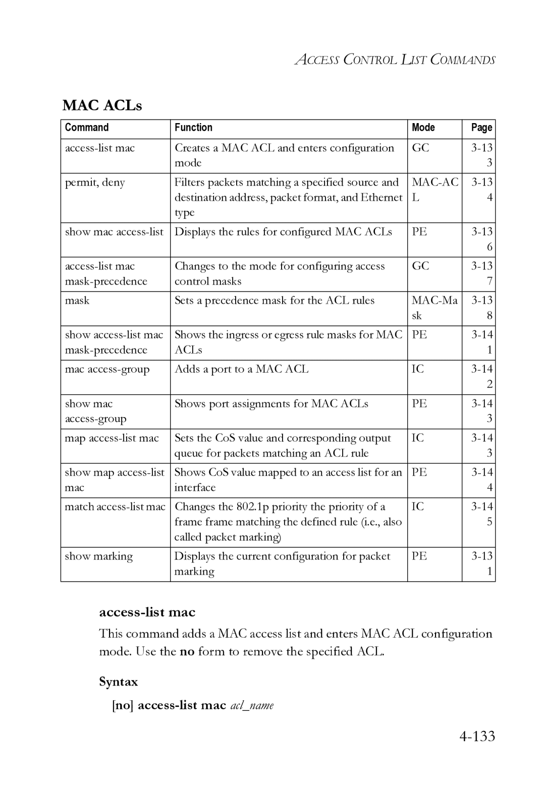 SMC Networks SMC8612XL3 F 1.0.1.3 manual MAC ACLs, Access-list mac, Syntax No access-list mac aclname 