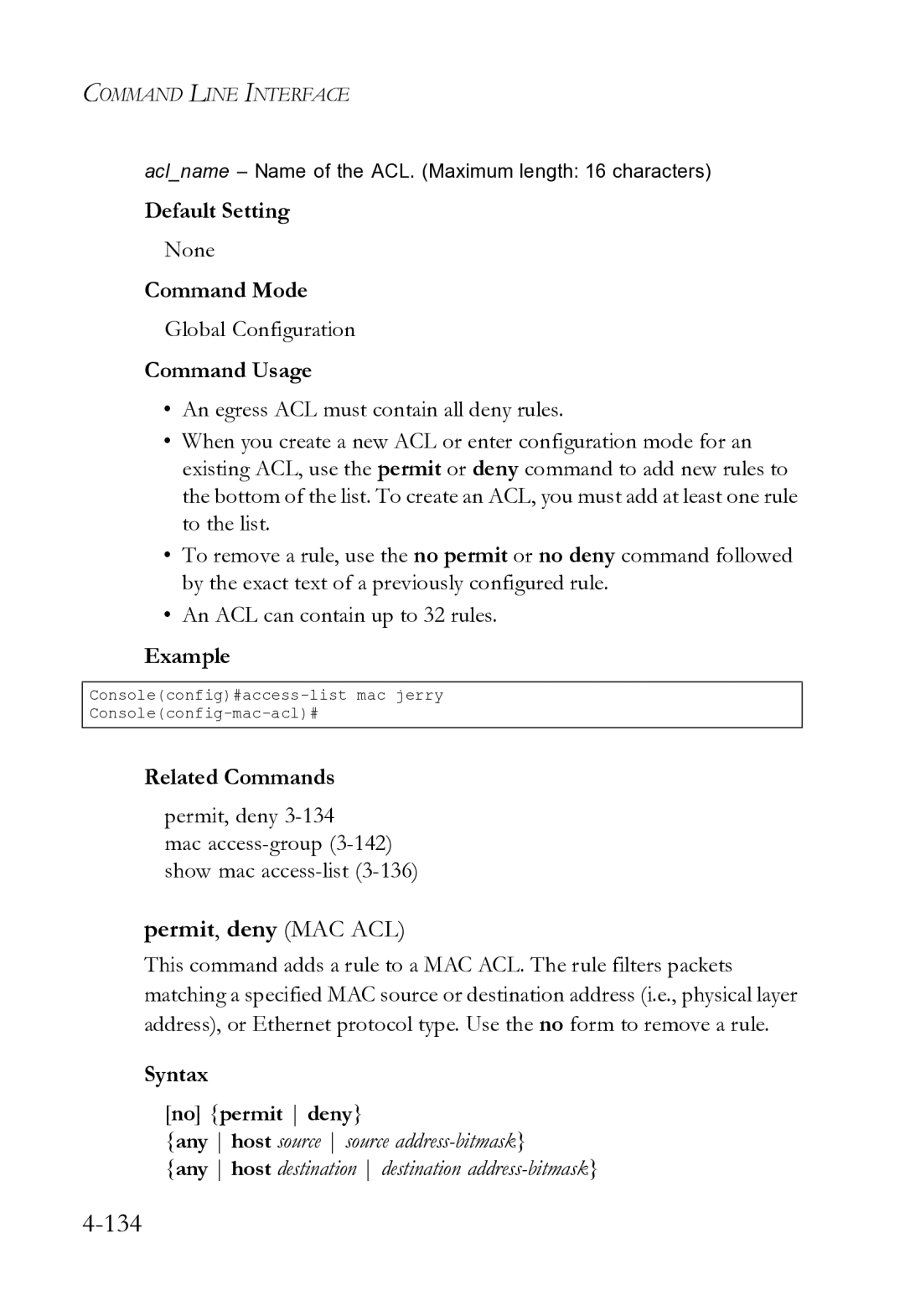 SMC Networks SMC8612XL3 F 1.0.1.3 manual Permit, deny MAC ACL, Syntax No permit deny 