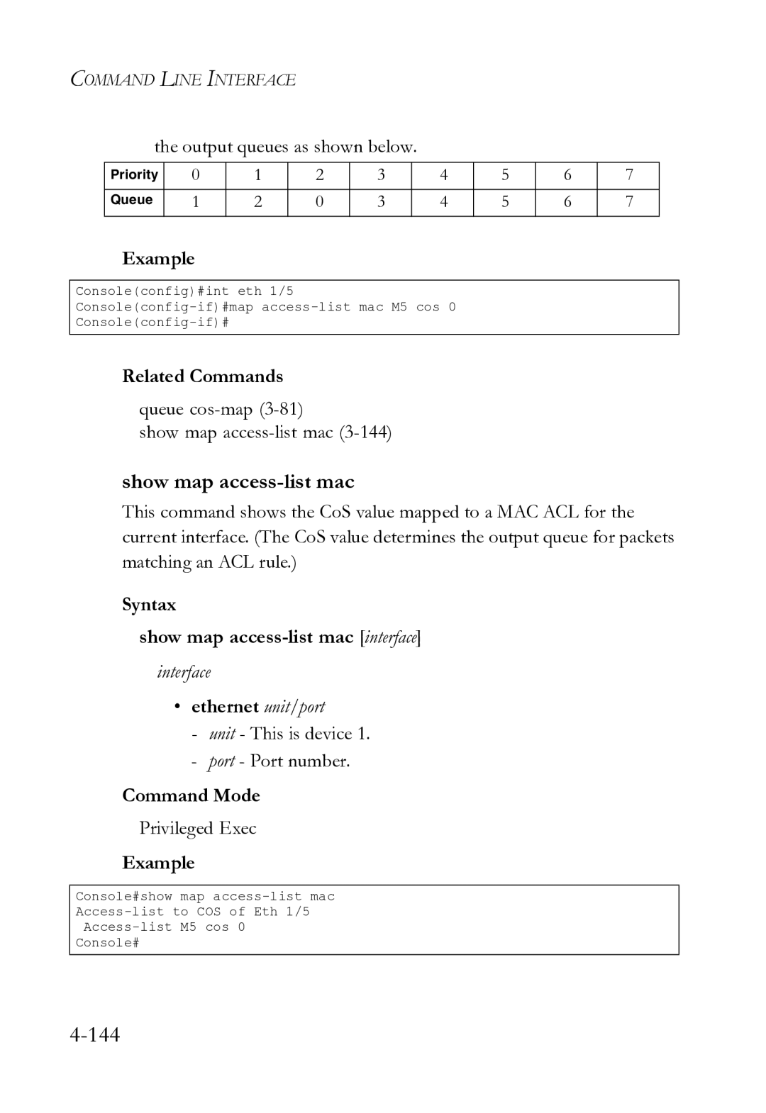 SMC Networks SMC8612XL3 F 1.0.1.3 manual Show map access-list mac, Output queues as shown below 