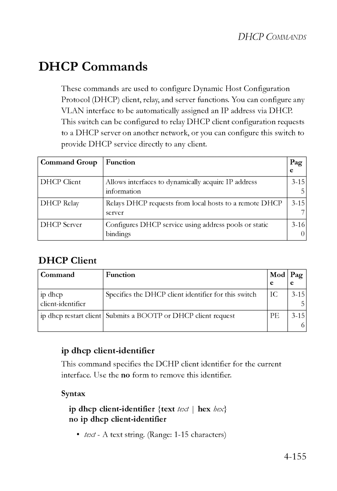 SMC Networks SMC8612XL3 F 1.0.1.3 manual Dhcp Commands, Dhcp Client, Ip dhcp client-identifier 