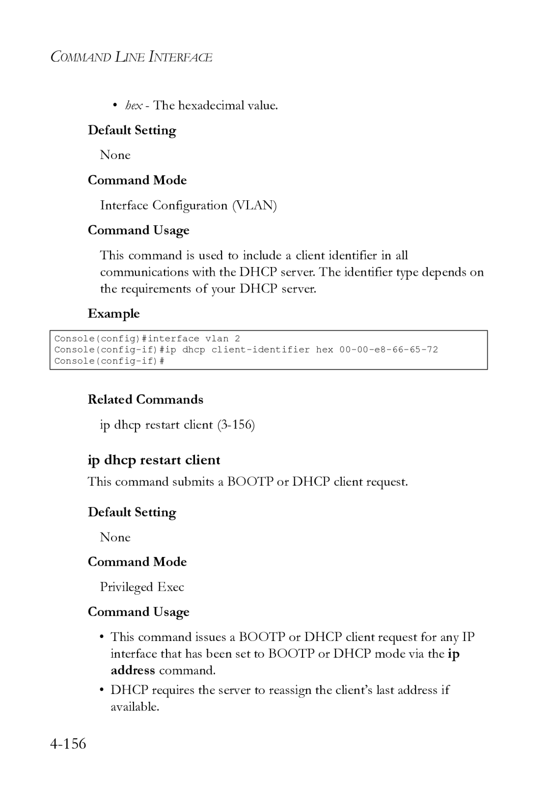 SMC Networks SMC8612XL3 F 1.0.1.3 manual Ip dhcp restart client, Hex The hexadecimal value, Interface Configuration Vlan 