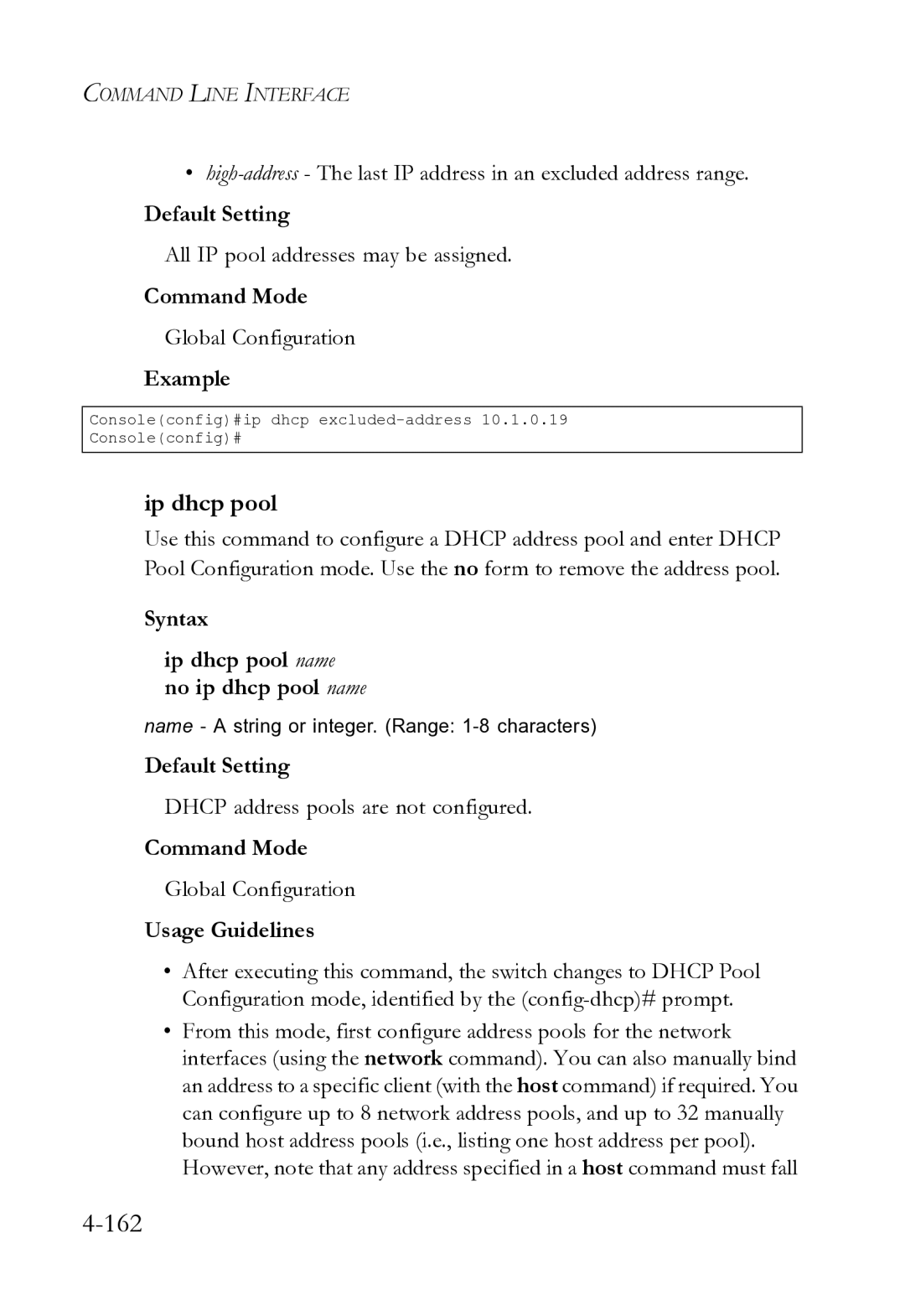 SMC Networks SMC8612XL3 F 1.0.1.3 manual Ip dhcp pool, All IP pool addresses may be assigned 