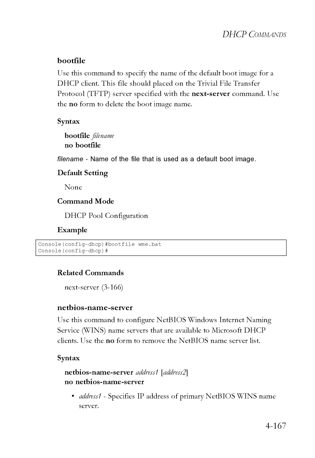 SMC Networks SMC8612XL3 F 1.0.1.3 manual Netbios-name-server, Syntax Bootfile filename no bootfile, Next-server3-166 