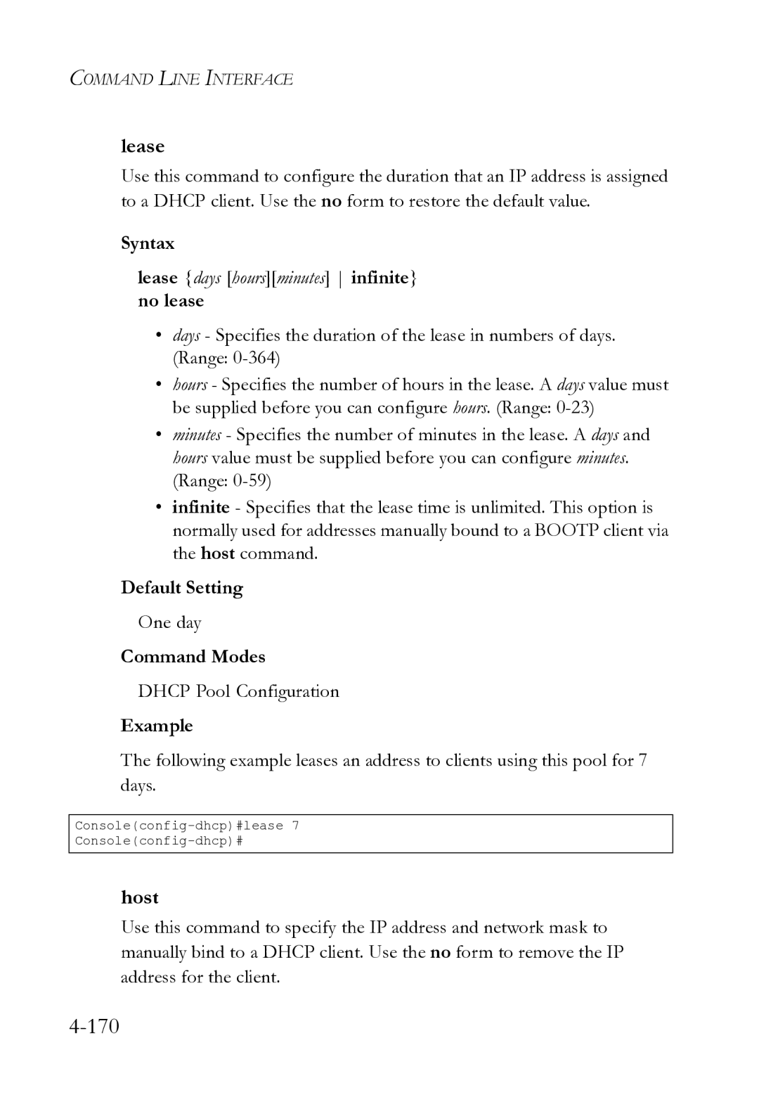 SMC Networks SMC8612XL3 F 1.0.1.3 manual Host, Lease days hoursminutes infinite no lease, One day, Command Modes 