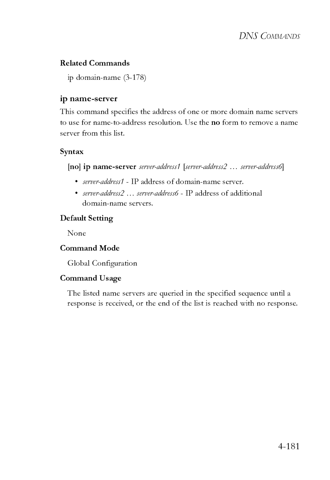 SMC Networks SMC8612XL3 F 1.0.1.3 Ip name-server, Ip domain-name3-178, Server-address1- IP address of domain-name server 