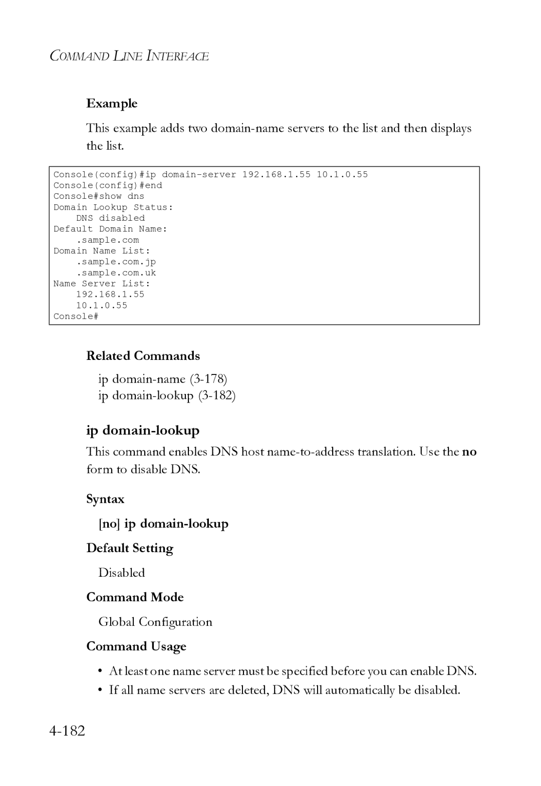 SMC Networks SMC8612XL3 F 1.0.1.3 manual Ip domain-lookup, Ip domain-name3-178 ip domain-lookup3-182 