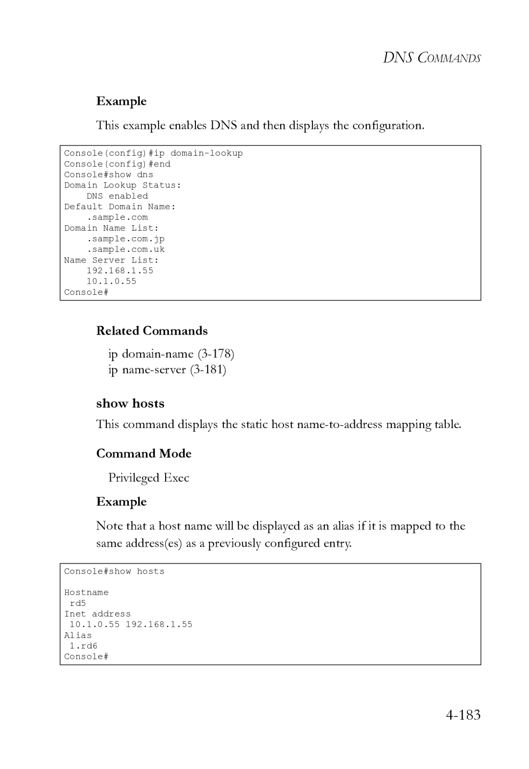 SMC Networks SMC8612XL3 F 1.0.1.3 manual Show hosts, Ip domain-name3-178 ip name-server3-181 