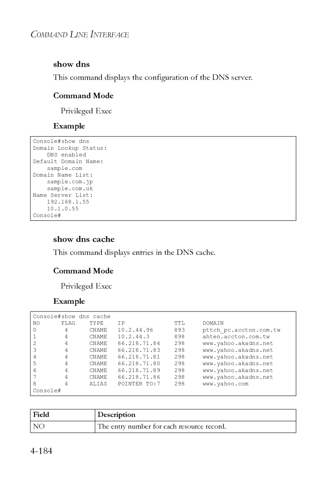 SMC Networks SMC8612XL3 F 1.0.1.3 manual Show dns cache, This command displays the configuration of the DNS server 