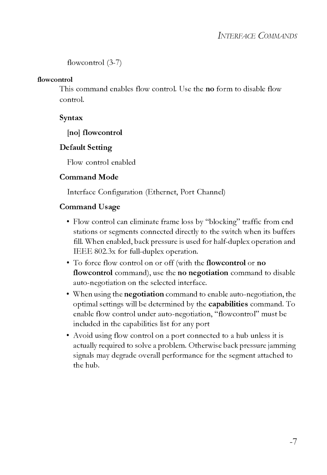 SMC Networks SMC8612XL3 F 1.0.1.3 manual Flowcontrol, Syntax No flowcontrol Default Setting, Flow control enabled 