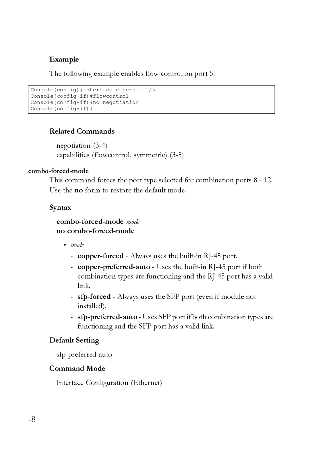 SMC Networks SMC8612XL3 F 1.0.1.3 manual Following example enables flow control on port, Mode, Sfp-preferred-auto 