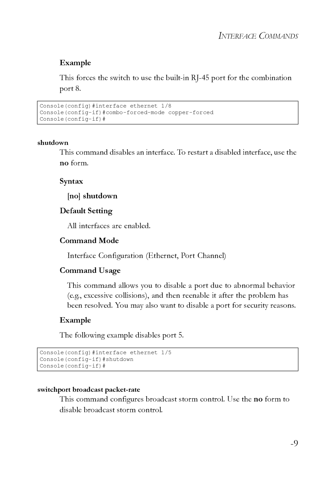 SMC Networks SMC8612XL3 F 1.0.1.3 manual Syntax No shutdown Default Setting, All interfaces are enabled 