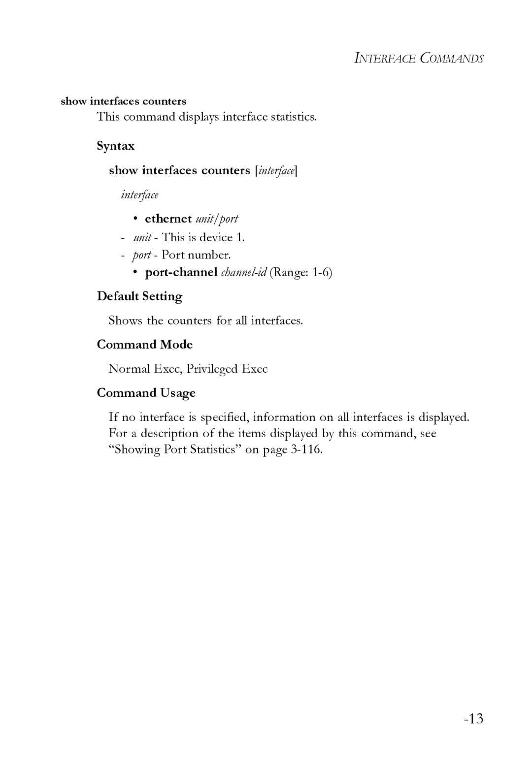 SMC Networks SMC8612XL3 F 1.0.1.3 This command displays interface statistics, Syntax Show interfaces counters interface 