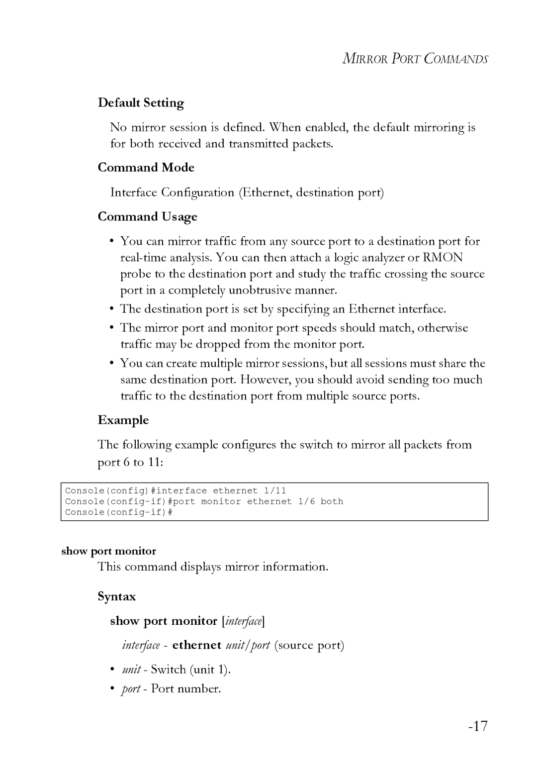 SMC Networks SMC8612XL3 F 1.0.1.3 Interface Configuration Ethernet, destination port, Syntax Show port monitor interface 