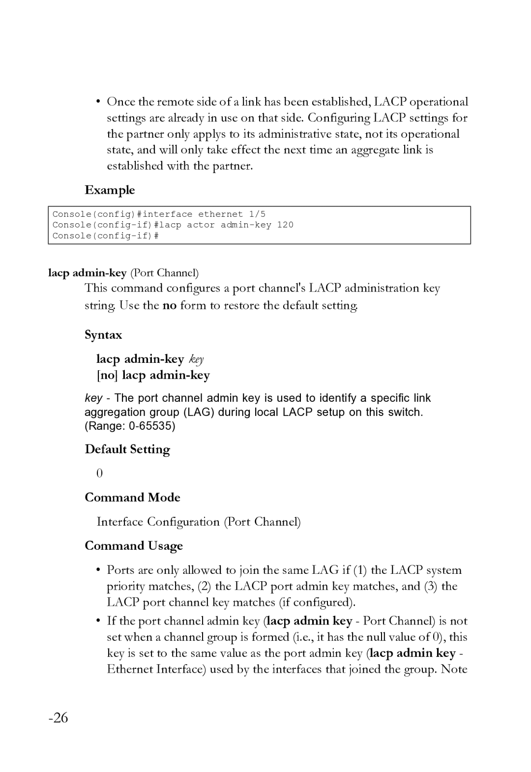 SMC Networks SMC8612XL3 F 1.0.1.3 manual Syntax Lacp admin-key key no lacp admin-key, Interface Configuration Port Channel 