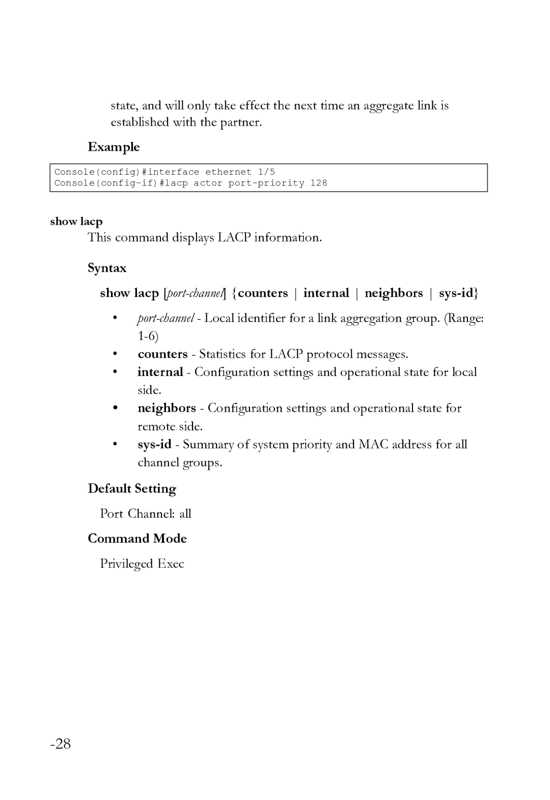 SMC Networks SMC8612XL3 F 1.0.1.3 manual This command displays Lacp information, Port Channel all 