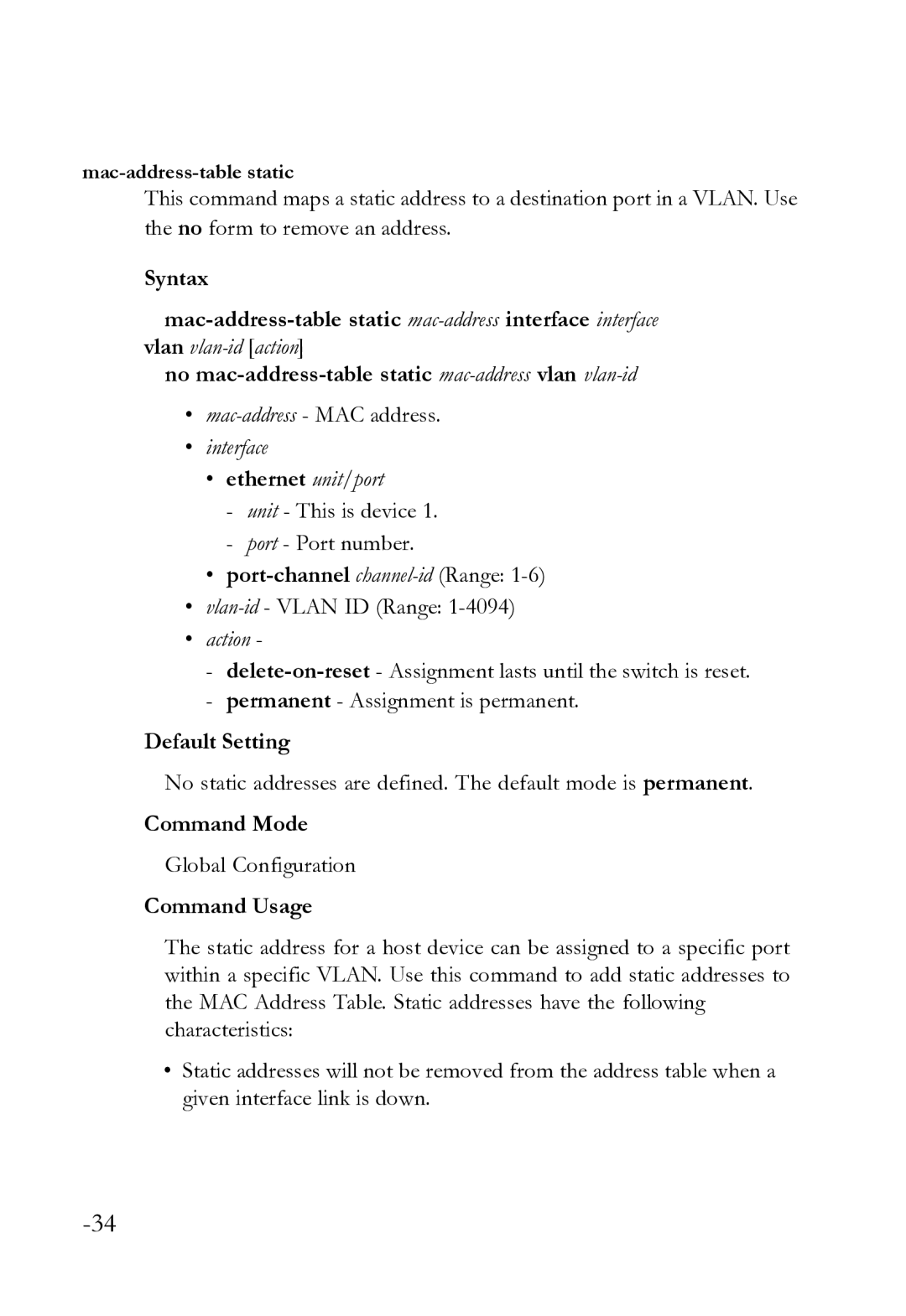 SMC Networks SMC8612XL3 F 1.0.1.3 manual Mac-address- MAC address, Vlan-id- Vlan ID Range, Action 