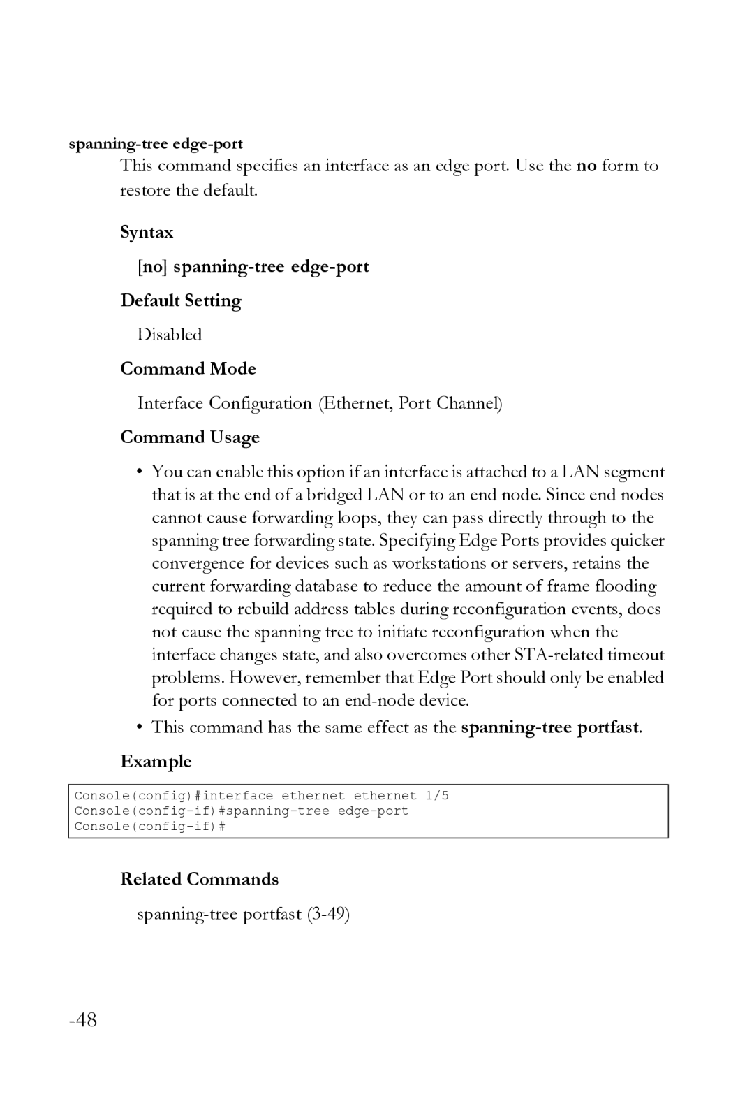 SMC Networks SMC8612XL3 F 1.0.1.3 manual Syntax No spanning-tree edge-port Default Setting, Spanning-tree portfast 